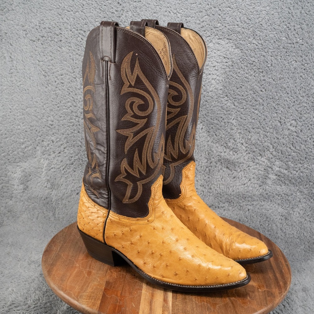 Men's USA Nocona Brown Smooth Quill Ostrich Almond Toe Western Boots Size 8 EE